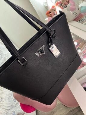 GUESS Black Structured Saffiano Tote with Silver Hardware